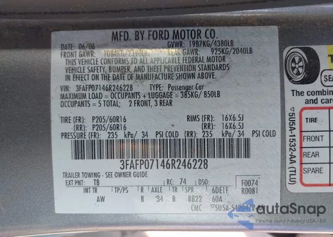 2006 Ford Fusion Se из США, поврежденный, VIN 3FAFP07146R246228